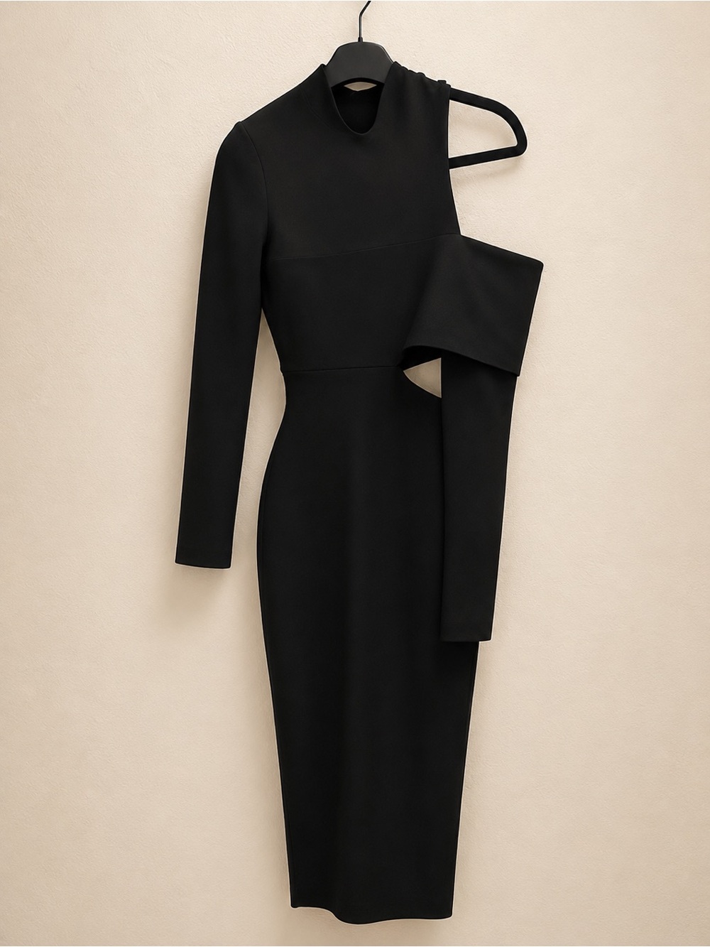 Asymmetric One-Shoulder Black Midi Dress with Cutout